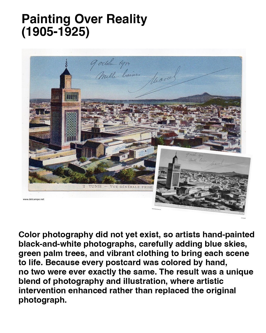 Hand-painted postcard of Tunis next to its black and white original