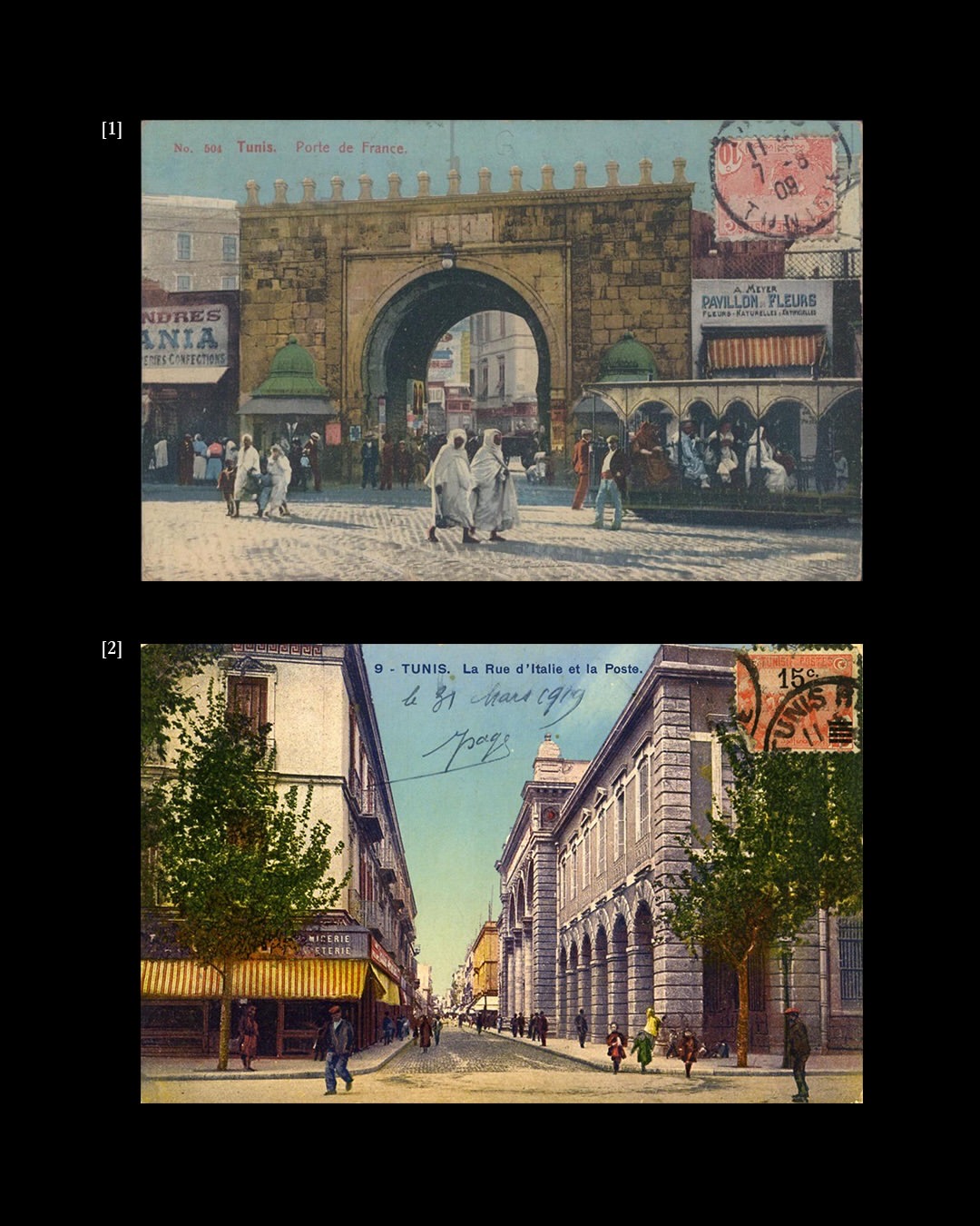Two colour postcards of Porte de France and Rue d'Italie in Tunis