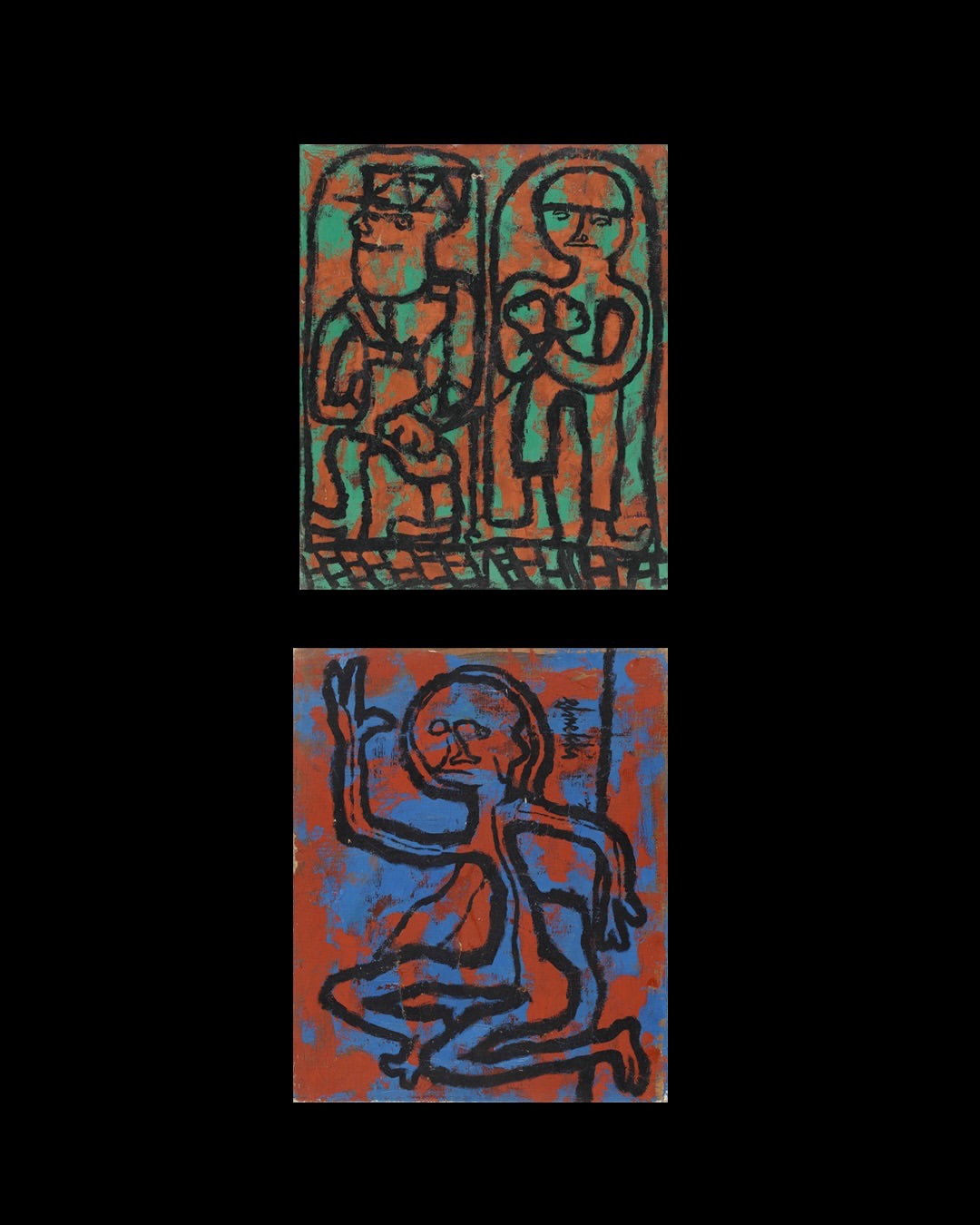 Two figurative paintings by Hatem El Mekki in green, orange and blue