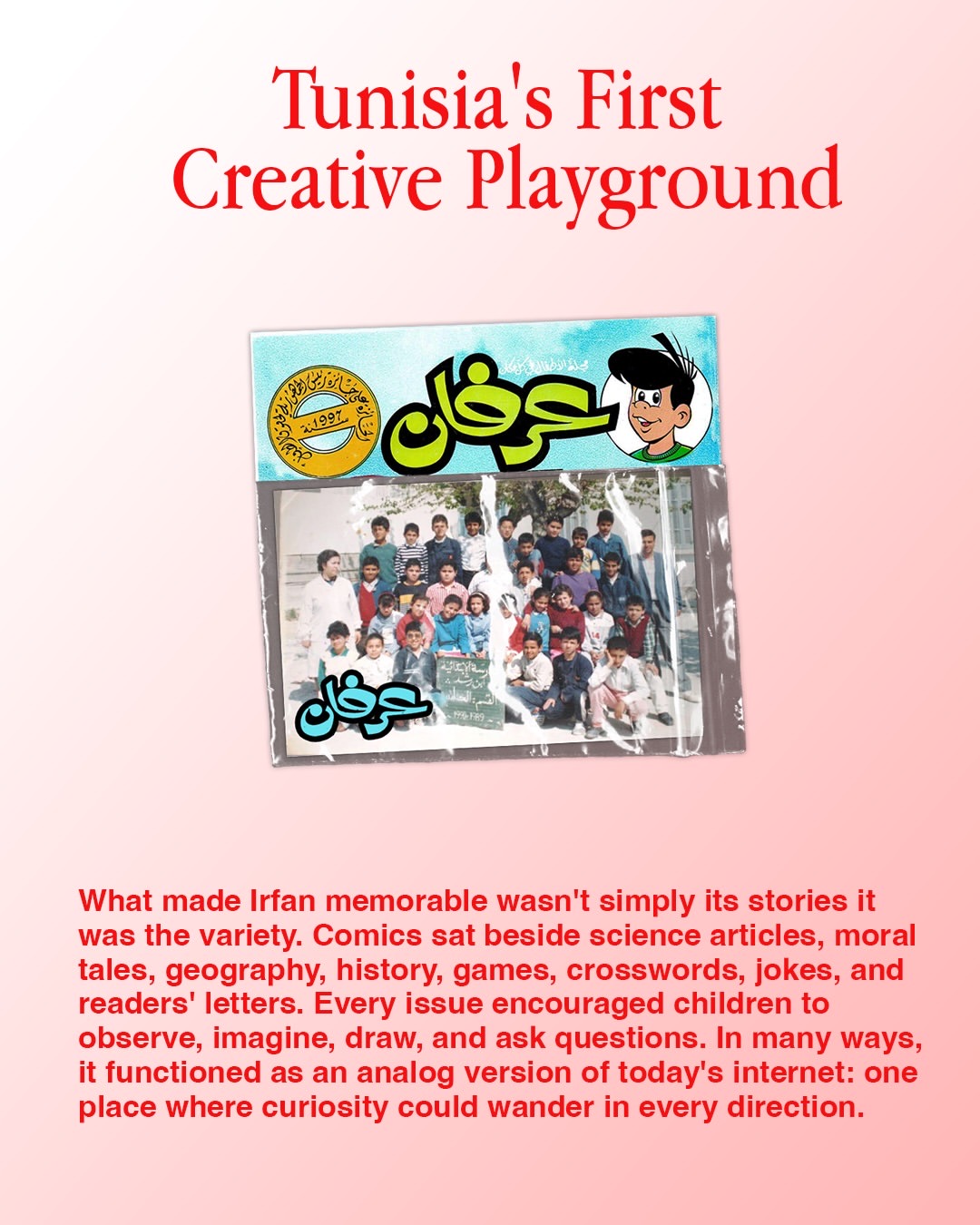 Editorial panel titled Tunisia's First Creative Playground with a school class photo