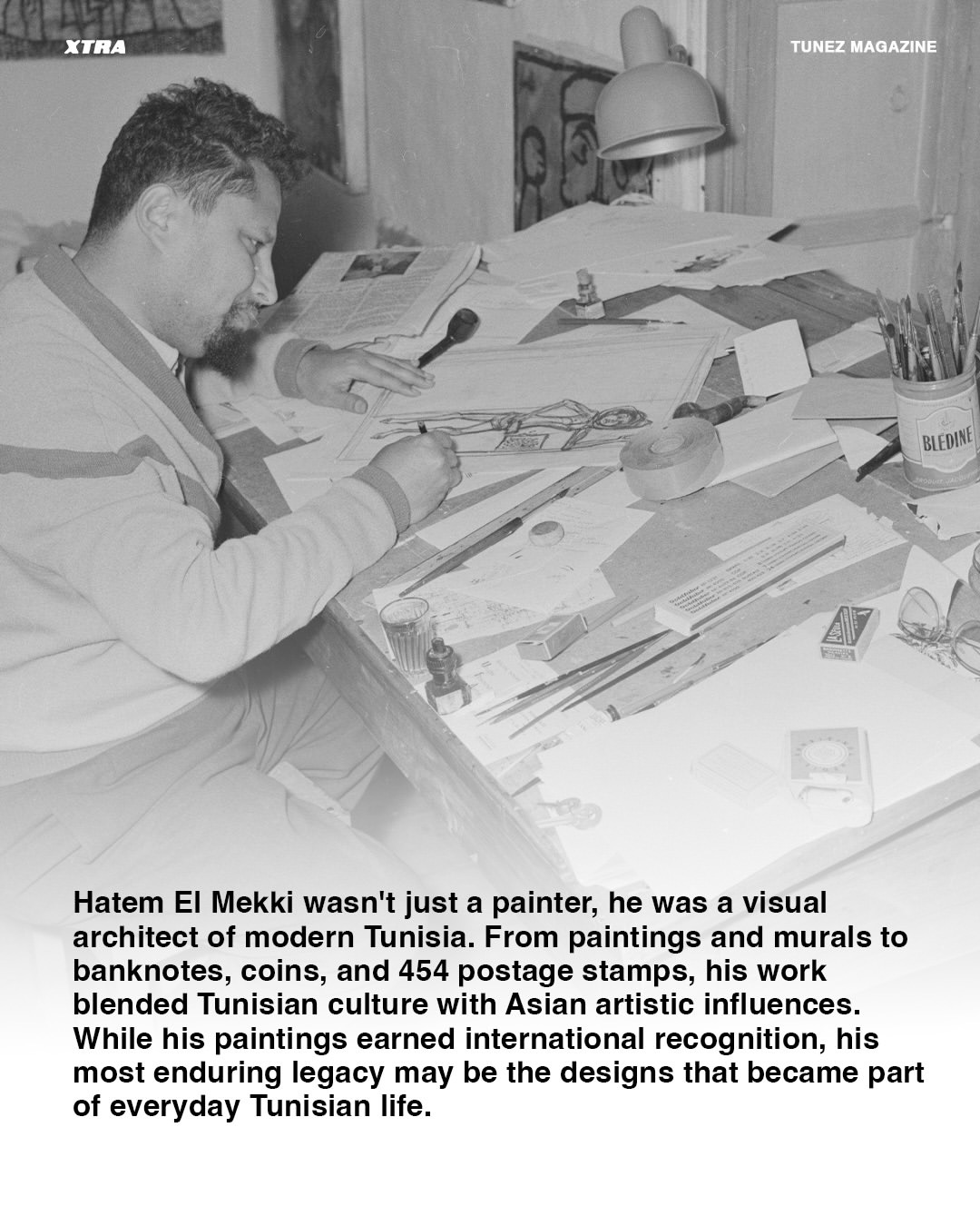Hatem El Mekki drawing a stamp design at his desk